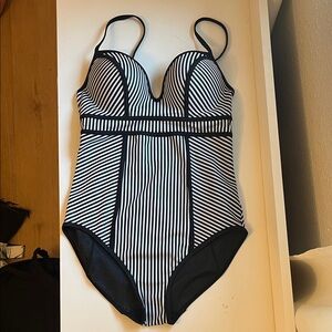 SPANX Black and White Striped One Piece Swimsuit